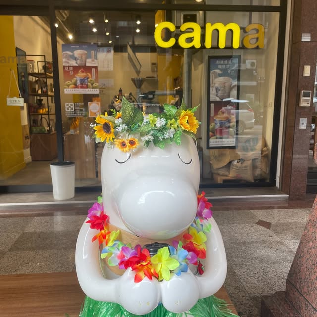 cama café 台中學府店門口吉祥物 Beano 變裝造型：夏威夷草裙風・向日葵花冠度假裝 - 中興大學打卡地標